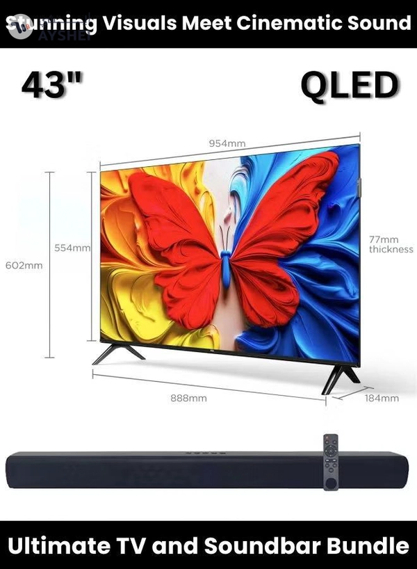 TCL Bundle Of 43-inch S5K QLED Google TV (HDR10, Dolby Audio, Bezel-Less Design) With Soundbar (Bluetooth, FM Radio, 2.0 Channel Audio) 43S5K+SOUNDBAR Black