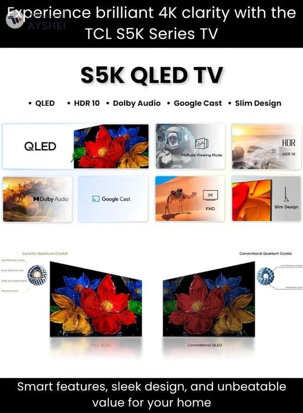 TCL Bundle Of 43-inch S5K QLED Google TV (HDR10, Dolby Audio, Bezel-Less Design) With Soundbar (Bluetooth, FM Radio, 2.0 Channel Audio) 43S5K+SOUNDBAR Black