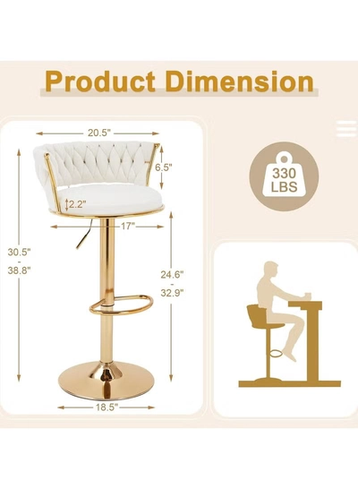 DubaiGallery Modern Velvet Adjustable Barstools 360° Swivel Counter Stools with Golden Base Upholstered Open Back Tall Bar Chairs with Footrest for Home Pub Kitchen-2