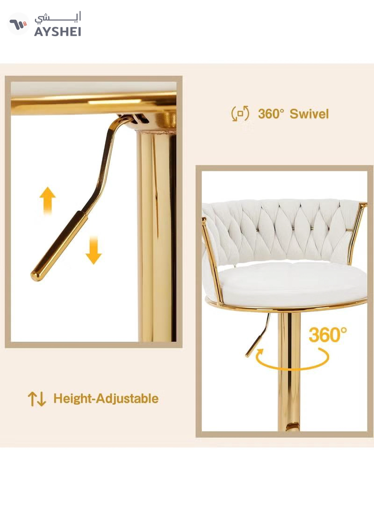 DubaiGallery Modern Velvet Adjustable Barstools 360° Swivel Counter Stools with Golden Base Upholstered Open Back Tall Bar Chairs with Footrest for Home Pub Kitchen-1-1