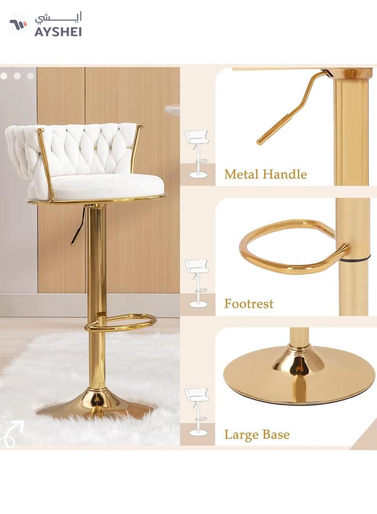 DubaiGallery Modern Velvet Adjustable Barstools 360° Swivel Counter Stools with Golden Base Upholstered Open Back Tall Bar Chairs with Footrest for Home Pub Kitchen-3-3