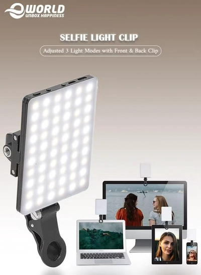 Eworld High-power 60-LED Rechargeable Selfie Light with Front & Back Clips, 3 Light Modes -0