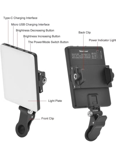 Eworld High-power 60-LED Rechargeable Selfie Light with Front & Back Clips, 3 Light Modes -4