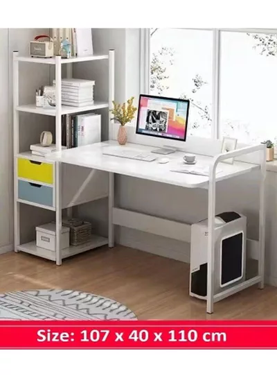 Computer Desk With 4 Tiers Shelves Drawers Study Writing Desk With Bookshelf Storage Reversible Office Desk For Home Office White-3