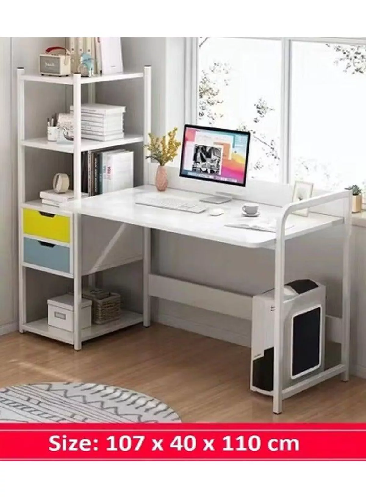 Computer Desk With 4 Tiers Shelves Drawers Study Writing Desk With Bookshelf Storage Reversible Office Desk For Home Office White-3-3