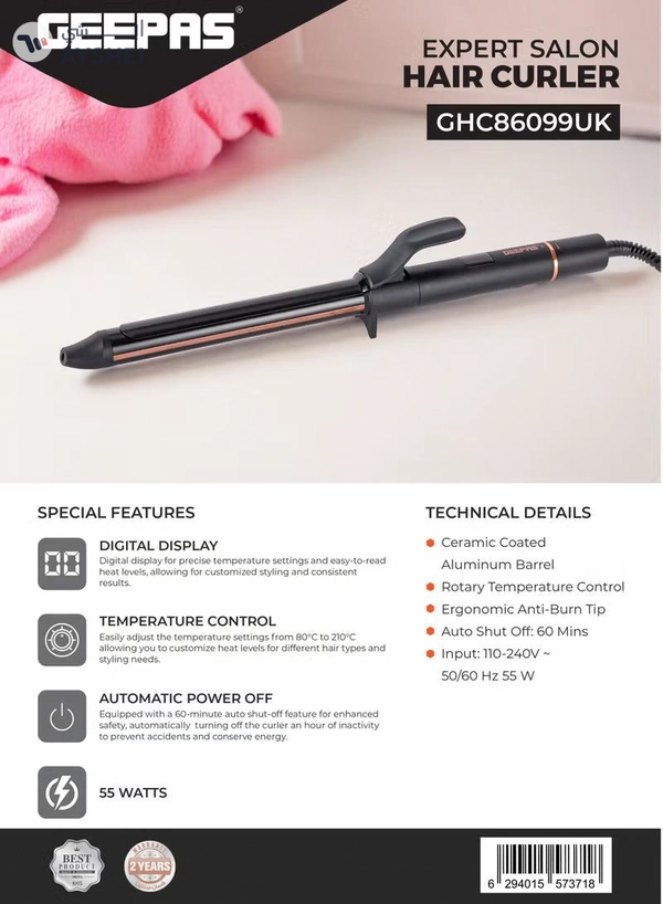 GEEPAS Expert Salon Hair Curler 55W | Digital Display, Temperature Control, Automatic Power Off | Ceramic Coated Aluminum Barrel | Rotary Temperature Control | Ergonomic Anti- Burn Tip | GHC86099UK
