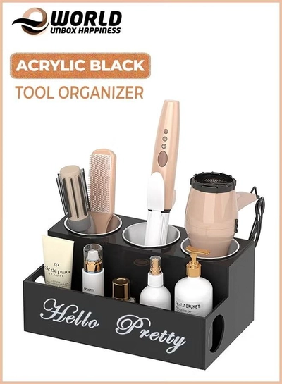 Eworld Black Acrylic Hair Tools Organizer with 3 Stainless Steel Cups-0