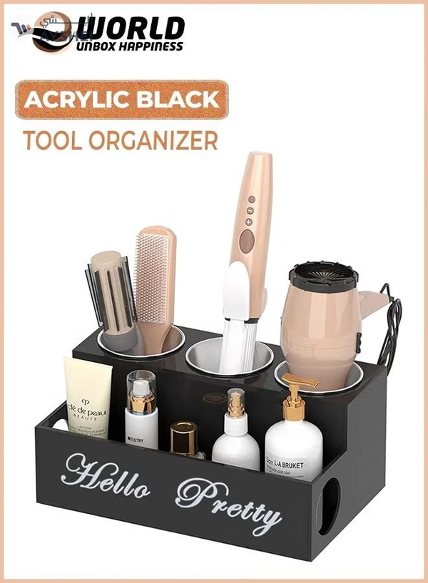 Eworld Black Acrylic Hair Tools Organizer with 3 Stainless Steel Cups