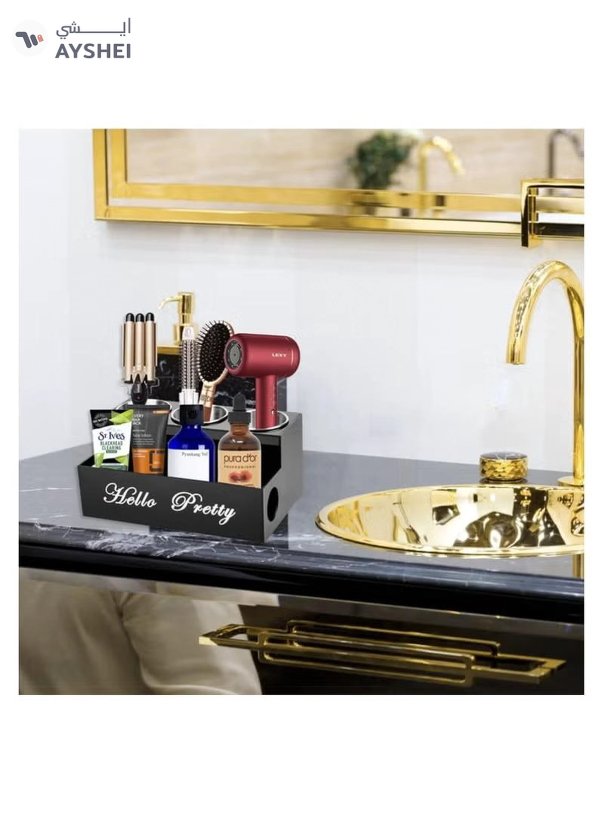 Eworld Black Acrylic Hair Tools Organizer with 3 Stainless Steel Cups-3-3