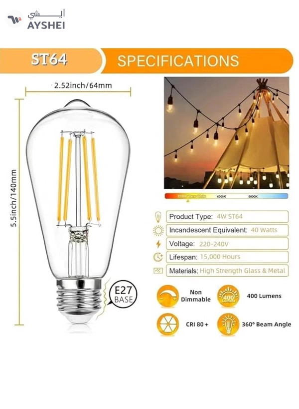 Yuwell Outdoor Waterproof IP65 Led String Lights E27 Holder 15 Meter Bulb Holder Wire With 30 Bulbs 4W ST64 Clear With EU Plug Solar Bulb Holder For Ramadan Decoration Lights And Outdoor Decoration Light Hanging Light String Wire Ramadan Light For Commercial Patio Garden & Porch Yard