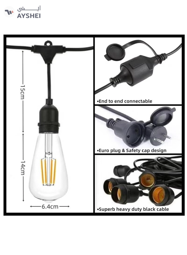 Yuwell Outdoor Waterproof IP65 Led String Lights E27 Holder 15 Meter Bulb Holder Wire With 30 Bulbs 4W ST64 Clear With EU Plug Solar Bulb Holder For Ramadan Decoration Lights And Outdoor Decoration Light Hanging Light String Wire Ramadan Light For Commercial Patio Garden & Porch Yard