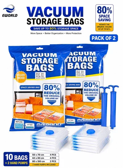 Pack of 2 Vacuum Storage Bags Set with Hand Pump, Reusable Space Saver Compression Bags, Airtight Double Zip Seal & Leak-Proof Valve for Clothes, Blankets, Comforters, Pillows, Bedding, Seasonal Storage, Moving & Travel 4 (50 × 70 cm), 4 (60 × 80 cm), 2 (80 × 100 cm) and 2 Hand Pump-0