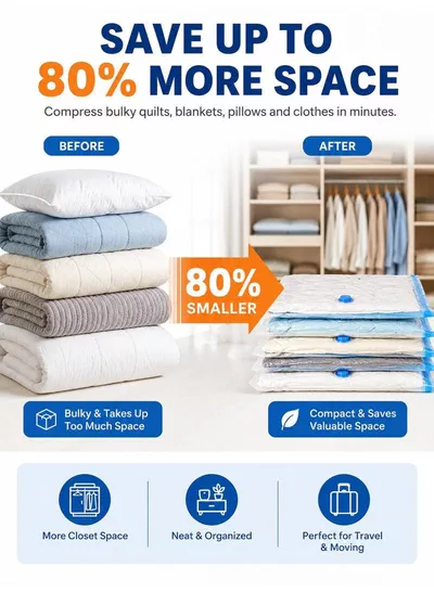 Pack of 2 Vacuum Storage Bags Set with Hand Pump, Reusable Space Saver Compression Bags, Airtight Double Zip Seal & Leak-Proof Valve for Clothes, Blankets, Comforters, Pillows, Bedding, Seasonal Storage, Moving & Travel 4 (50 × 70 cm), 4 (60 × 80 cm), 2 (80 × 100 cm) and 2 Hand Pump-2
