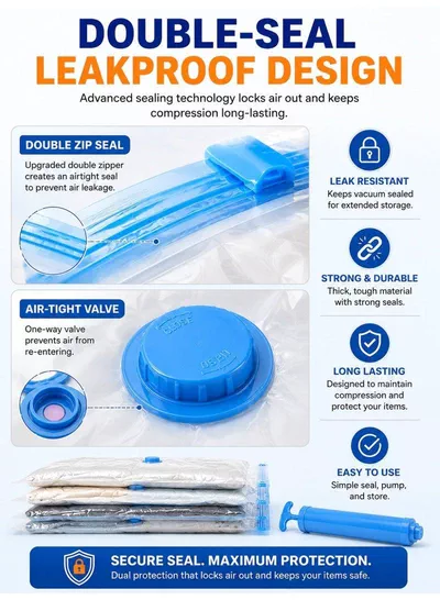 Pack of 2 Vacuum Storage Bags Set with Hand Pump, Reusable Space Saver Compression Bags, Airtight Double Zip Seal & Leak-Proof Valve for Clothes, Blankets, Comforters, Pillows, Bedding, Seasonal Storage, Moving & Travel 4 (50 × 70 cm), 4 (60 × 80 cm), 2 (80 × 100 cm) and 2 Hand Pump-3