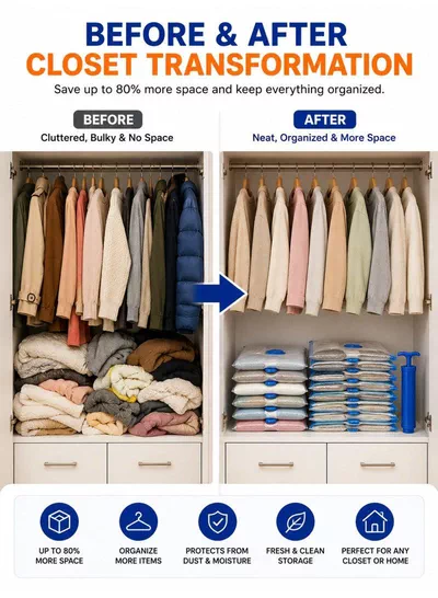 Pack of 2 Vacuum Storage Bags Set with Hand Pump, Reusable Space Saver Compression Bags, Airtight Double Zip Seal & Leak-Proof Valve for Clothes, Blankets, Comforters, Pillows, Bedding, Seasonal Storage, Moving & Travel 4 (50 × 70 cm), 4 (60 × 80 cm), 2 (80 × 100 cm) and 2 Hand Pump-5