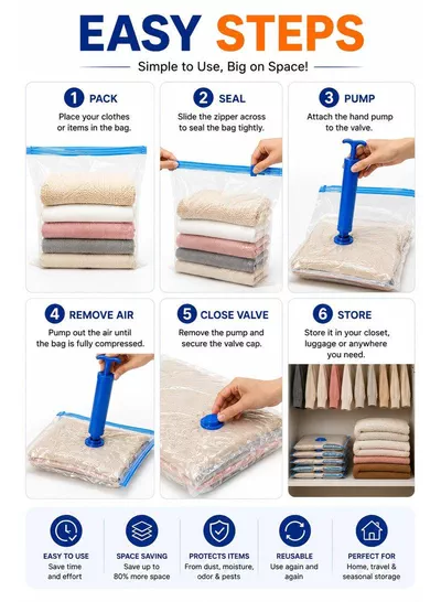 Pack of 2 Vacuum Storage Bags Set with Hand Pump, Reusable Space Saver Compression Bags, Airtight Double Zip Seal & Leak-Proof Valve for Clothes, Blankets, Comforters, Pillows, Bedding, Seasonal Storage, Moving & Travel 4 (50 × 70 cm), 4 (60 × 80 cm), 2 (80 × 100 cm) and 2 Hand Pump-6