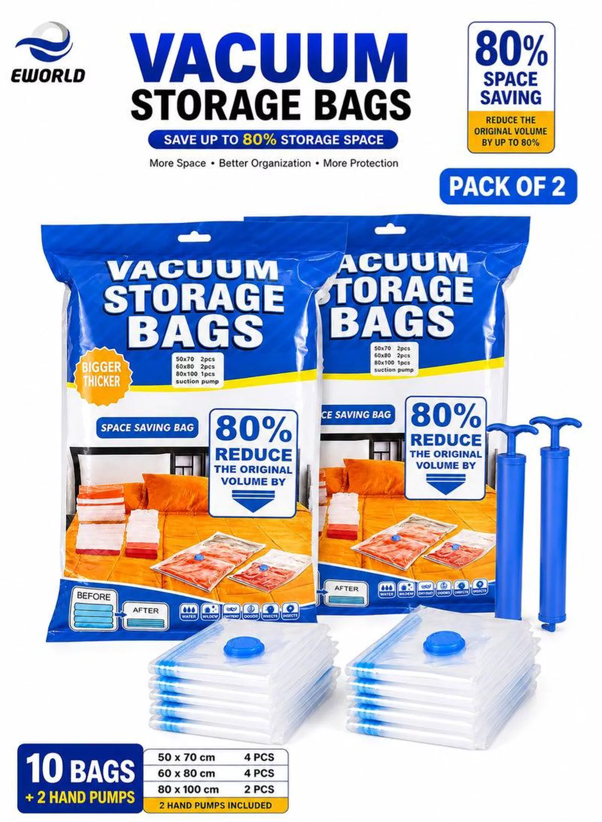 Pack of 2 Vacuum Storage Bags Set with Hand Pump, Reusable Space Saver Compression Bags, Airtight Double Zip Seal & Leak-Proof Valve for Clothes, Blankets, Comforters, Pillows, Bedding, Seasonal Storage, Moving & Travel 4 (50 × 70 cm), 4 (60 × 80 cm), 2 (80 × 100 cm) and 2 Hand Pump