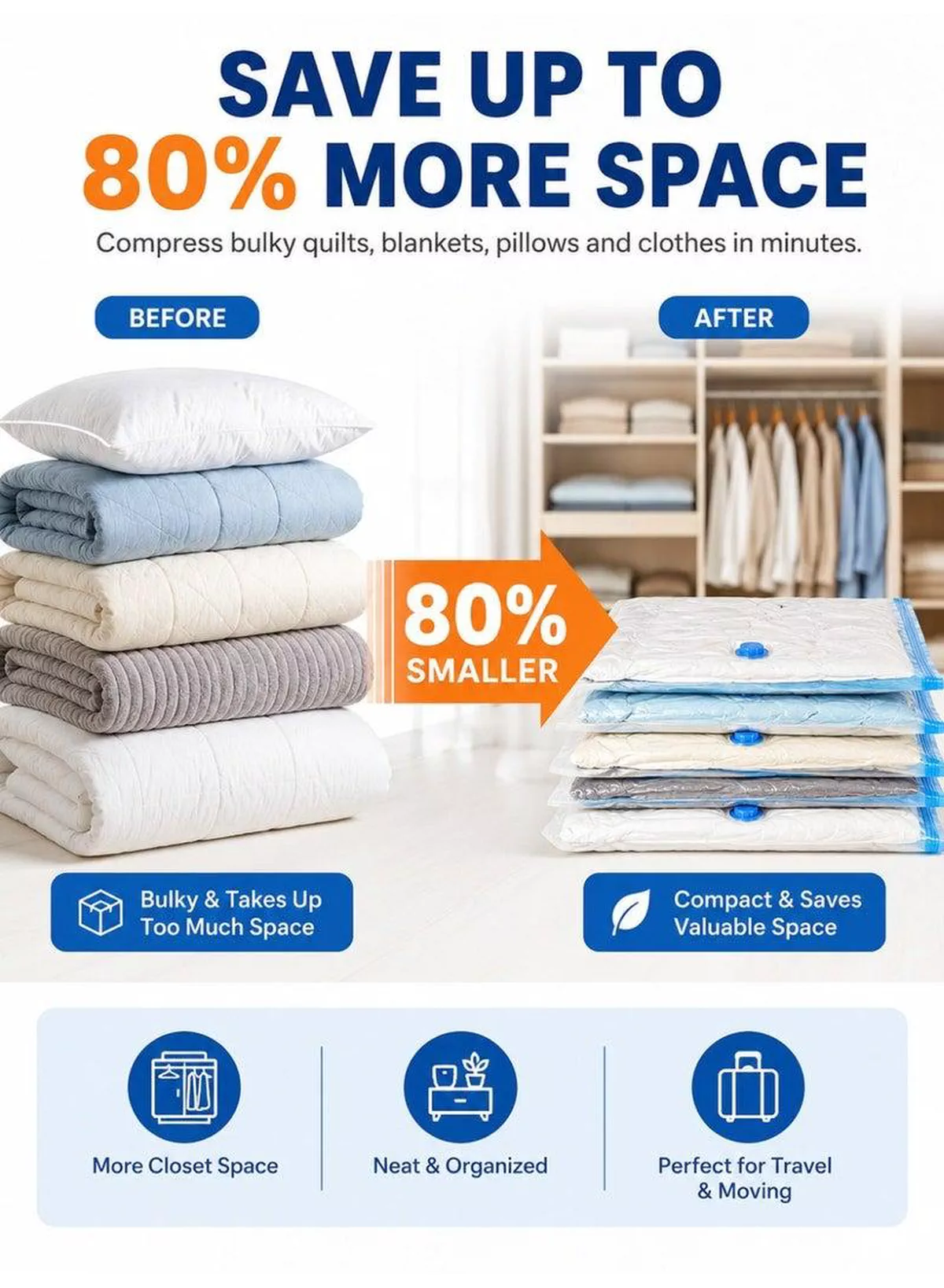 Pack of 2 Vacuum Storage Bags Set with Hand Pump, Reusable Space Saver Compression Bags, Airtight Double Zip Seal & Leak-Proof Valve for Clothes, Blankets, Comforters, Pillows, Bedding, Seasonal Storage, Moving & Travel 4 (50 × 70 cm), 4 (60 × 80 cm), 2 (80 × 100 cm) and 2 Hand Pump-2-2