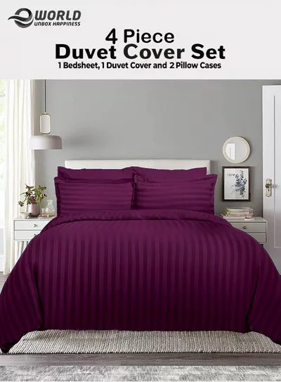 Premium Striped Duvet Set All Season – 4-Pieces Set Purple | King Size 220x240 cm | Ultra-Soft, Wrinkle-Resistant & Made in Dubai | Includes Duvet Cover, Fitted Sheet (200x200 cm) & 2 Pillowcases (50x70 cm)-0