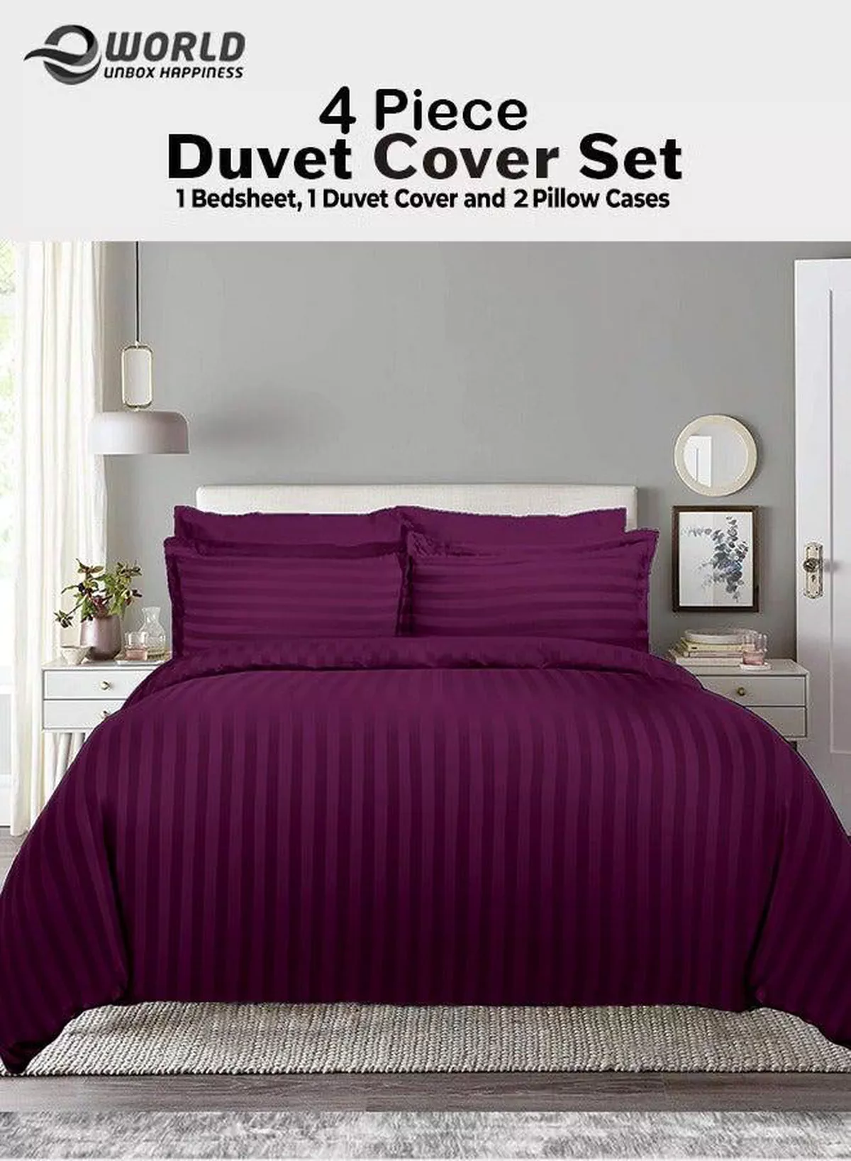 Premium Striped Duvet Set All Season – 4-Pieces Set Purple | King Size 220x240 cm | Ultra-Soft, Wrinkle-Resistant & Made in Dubai | Includes Duvet Cover, Fitted Sheet (200x200 cm) & 2 Pillowcases (50x70 cm)
