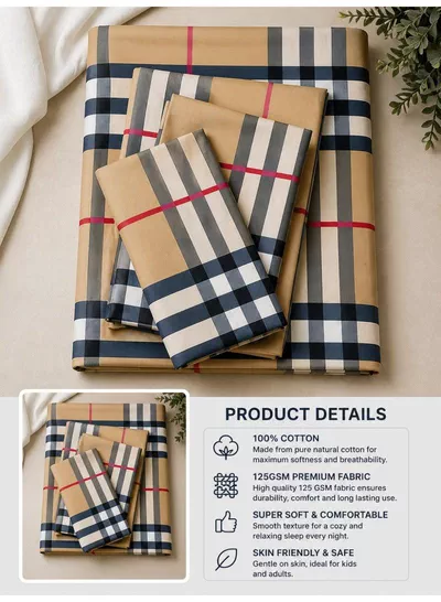 Eworld 3-Piece Flat Bedsheet Set, Tartan Plaid / Check Pattern, 100% Cotton, 125 GSM, 1 Flat Sheet + 2 Pillowcases – Available in King, Queen and Single Sizes-1