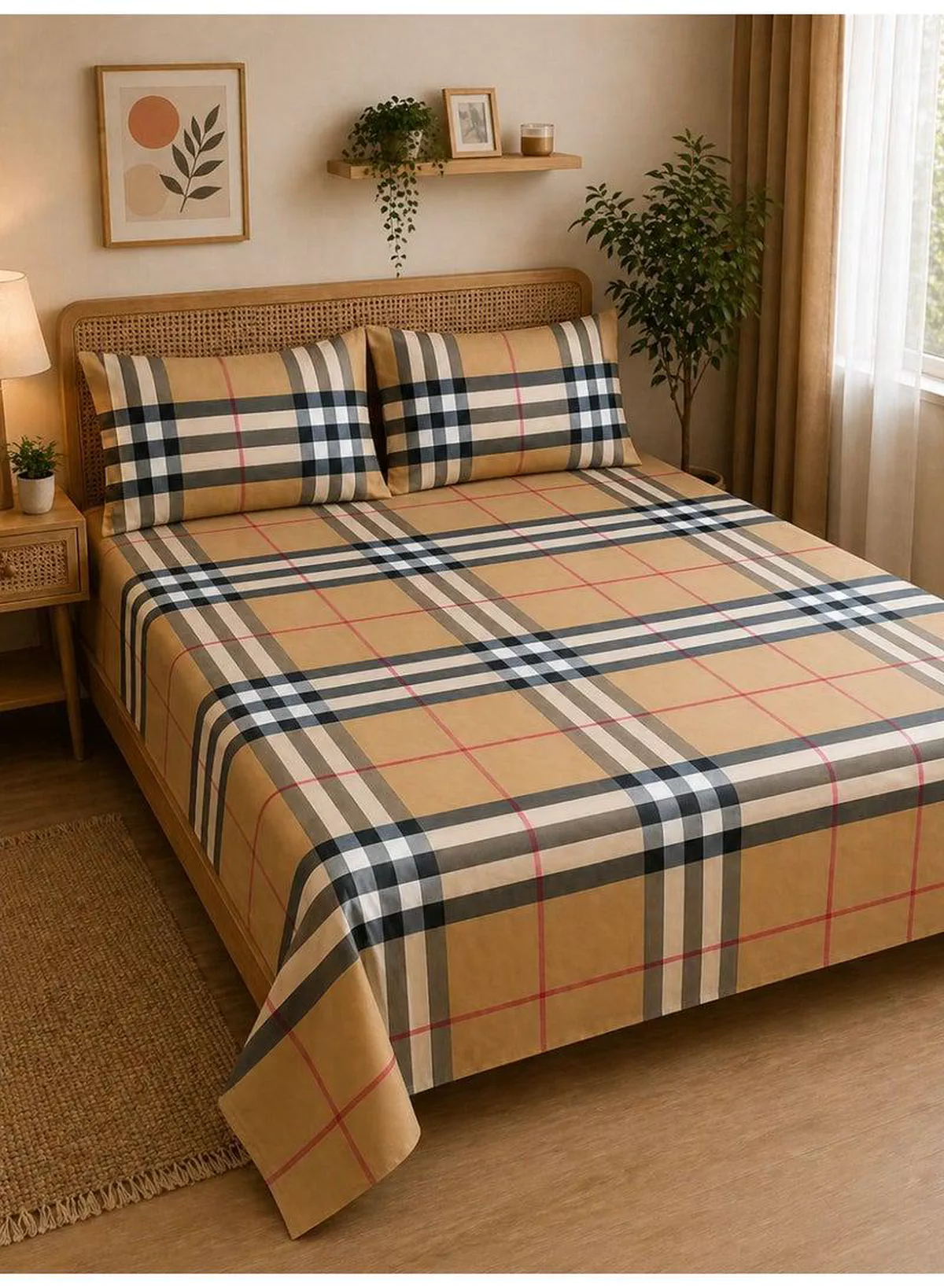 Eworld 3-Piece Flat Bedsheet Set, Tartan Plaid / Check Pattern, 100% Cotton, 125 GSM, 1 Flat Sheet + 2 Pillowcases – Available in King, Queen and Single Sizes
