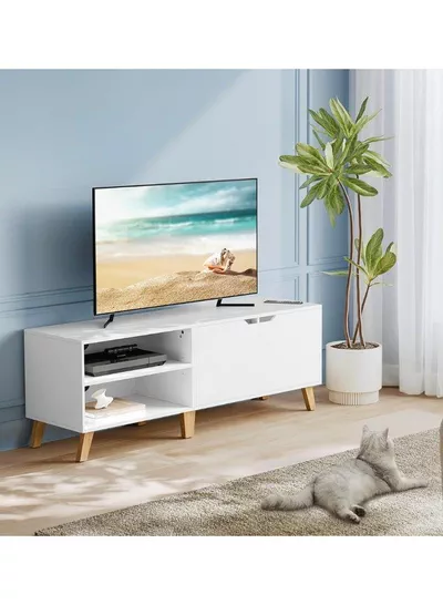 V Stand, 140 cm Long, with 2 Doors, Adjustable Shelf, for TVs up to 65 inches, Living Room, Dining Room and Bedroom, White-1