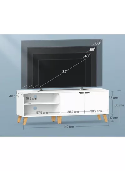V Stand, 140 cm Long, with 2 Doors, Adjustable Shelf, for TVs up to 65 inches, Living Room, Dining Room and Bedroom, White-2