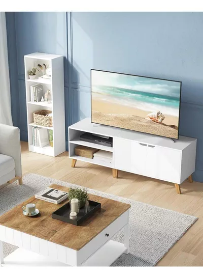 V Stand, 140 cm Long, with 2 Doors, Adjustable Shelf, for TVs up to 65 inches, Living Room, Dining Room and Bedroom, White-3