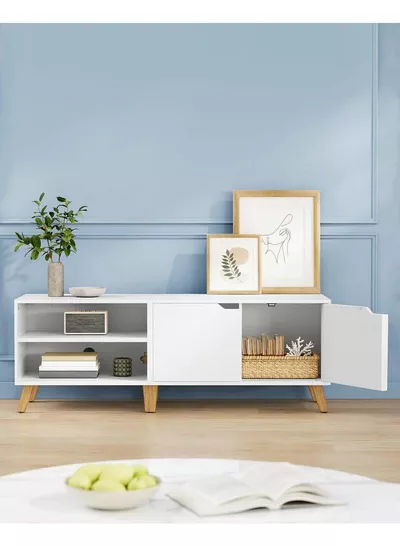 V Stand, 140 cm Long, with 2 Doors, Adjustable Shelf, for TVs up to 65 inches, Living Room, Dining Room and Bedroom, White-4
