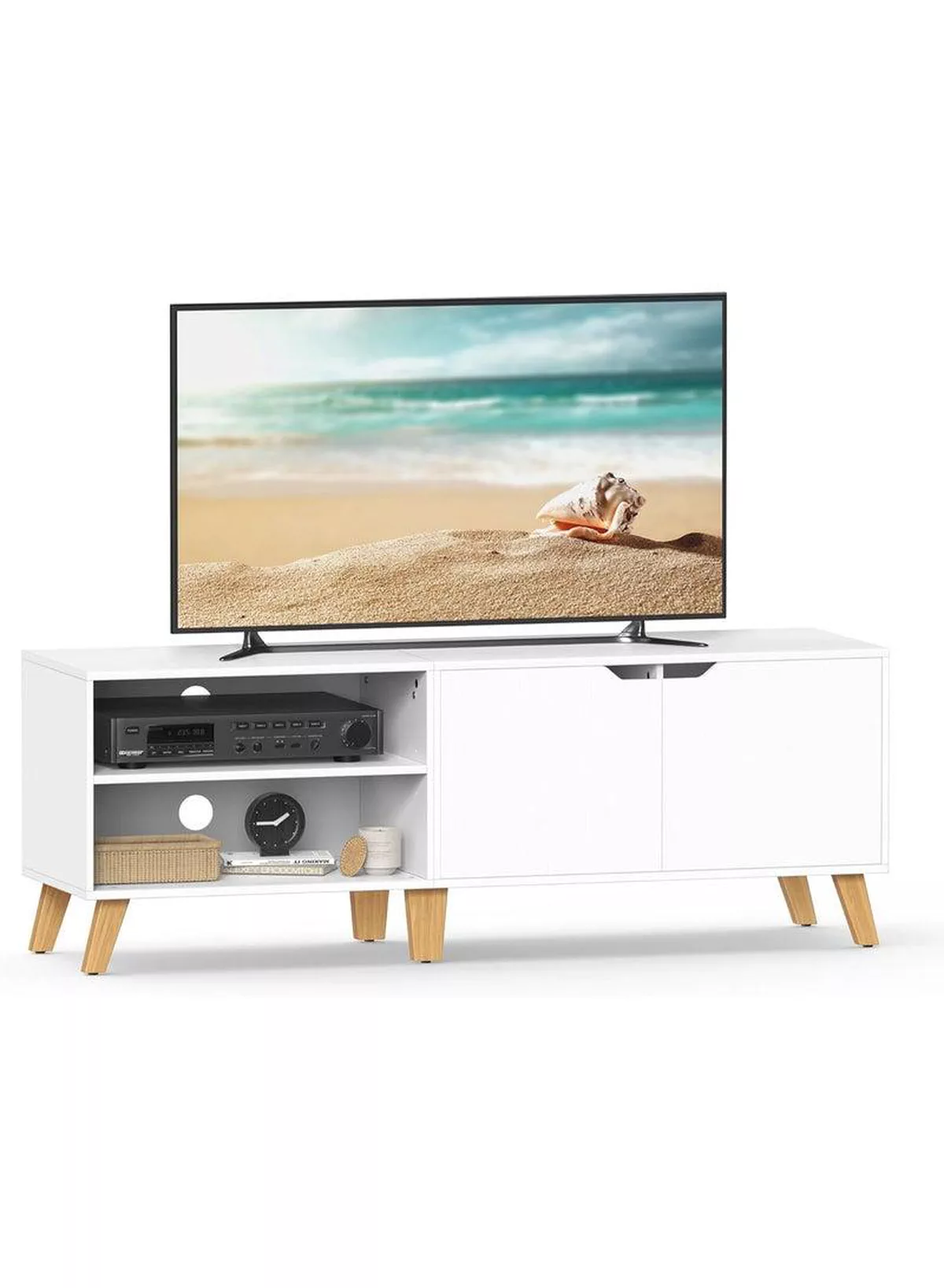 V Stand, 140 cm Long, with 2 Doors, Adjustable Shelf, for TVs up to 65 inches, Living Room, Dining Room and Bedroom, White