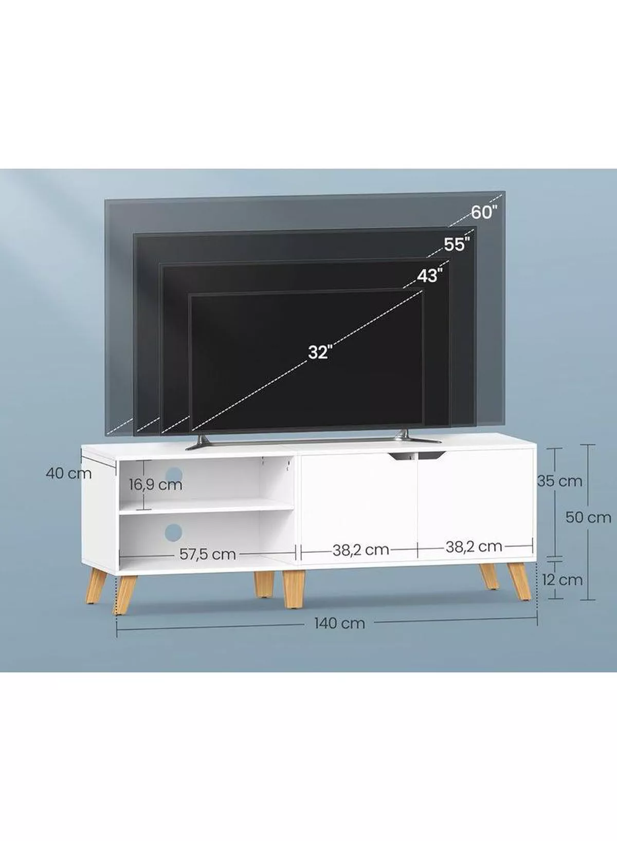 V Stand, 140 cm Long, with 2 Doors, Adjustable Shelf, for TVs up to 65 inches, Living Room, Dining Room and Bedroom, White-2-2
