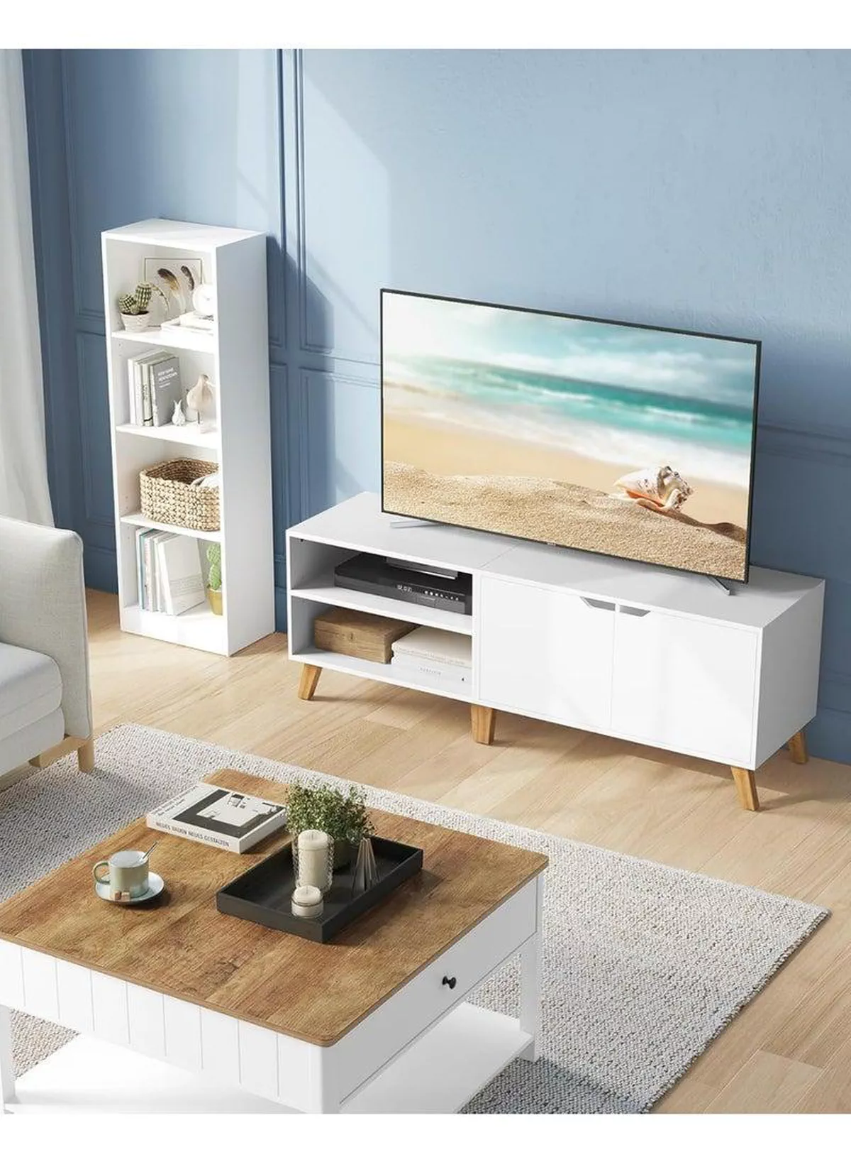 V Stand, 140 cm Long, with 2 Doors, Adjustable Shelf, for TVs up to 65 inches, Living Room, Dining Room and Bedroom, White-3-3