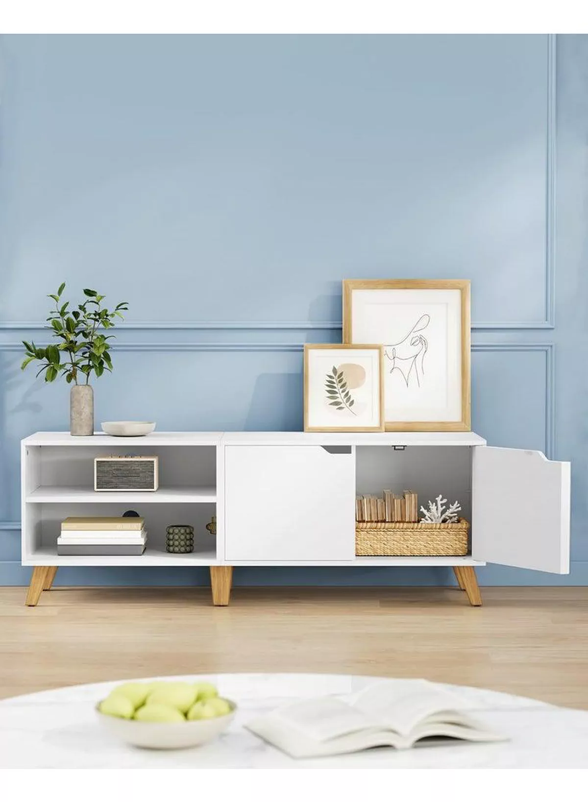 V Stand, 140 cm Long, with 2 Doors, Adjustable Shelf, for TVs up to 65 inches, Living Room, Dining Room and Bedroom, White-4-4