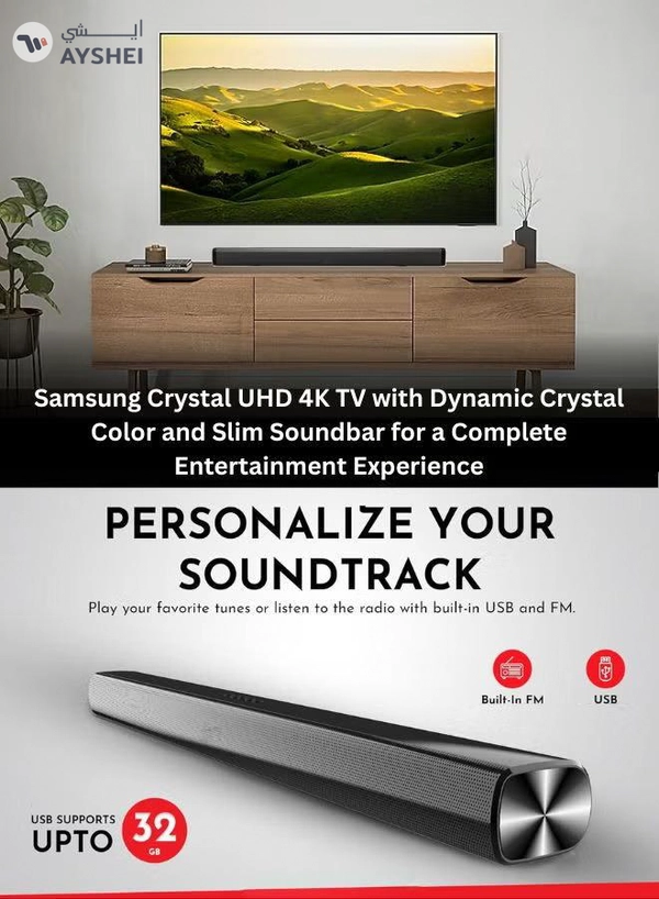 Samsung 55-Inch Crystal UHD DU8000 4K Smart Tv HDR 10+, Dynamic Crystal Color, AirSlim Design With 2.0 Channel Soundbar 30W, HDMI ARC, Bluetooth, USB, MP3, FM Station 55DU8000+SOUNDBAR Grey