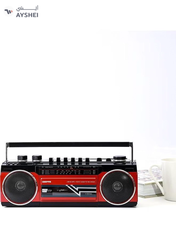GEEPAS Radio Casset Recorder - Portable Speakers with USB, SD Slots, MP3 & BT | Built-in Microphone with Recording | Auto stop Function | 2 Years Warranty GCR13011 Red/Black