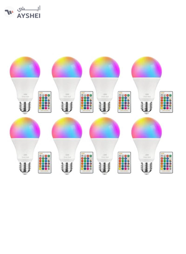 Yuwell 8Pcs RGBW Smart LED Light Bulb 24 Color Changing Bulb With Remote Control Smart Bulb With 16 Million Color Range E27-18W Bulb 50000 Hour Lifespan 2700K-6500K Color Temperature For Home Room Decoration