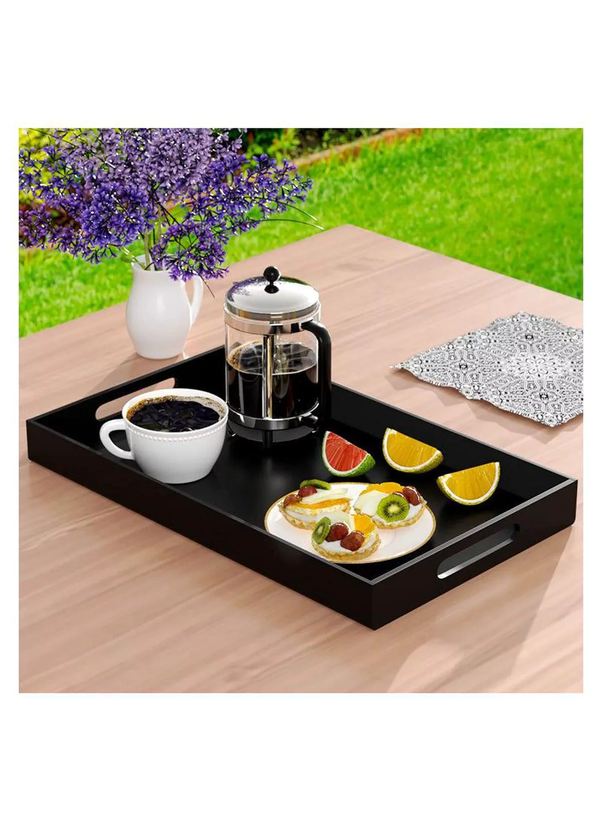 Black Serving Tray with Handles for Coffee, Tea, Snacks and Decorative Storage for Dining Tables and Bathroom Vanities-1-1