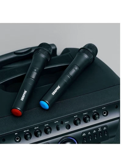 GEEPAS Rechargeable Professional Trolley Speaker 60000W PMPO With 15" Woofer, Two Wireless Microphones and a Remote Control, Bluetooth, TWS Function and FM Radio, Recording Function, LED Display-3