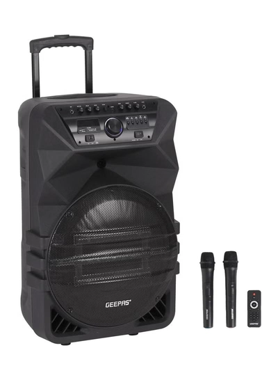 GEEPAS Rechargeable Professional Trolley Speaker 60000W PMPO With 15" Woofer, Two Wireless Microphones and a Remote Control, Bluetooth, TWS Function and FM Radio, Recording Function, LED Display-4