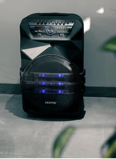 GEEPAS Rechargeable Professional Trolley Speaker 60000W PMPO With 15" Woofer, Two Wireless Microphones and a Remote Control, Bluetooth, TWS Function and FM Radio, Recording Function, LED Display-7