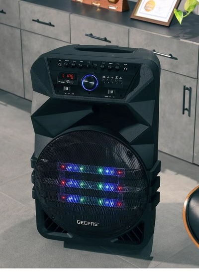 GEEPAS Rechargeable Professional Trolley Speaker 60000W PMPO With 15" Woofer, Two Wireless Microphones and a Remote Control, Bluetooth, TWS Function and FM Radio, Recording Function, LED Display-5