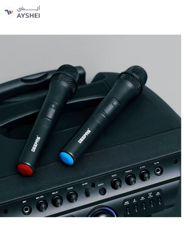 GEEPAS Rechargeable Professional Trolley Speaker 60000W PMPO With 15" Woofer, Two Wireless Microphones and a Remote Control, Bluetooth, TWS Function and FM Radio, Recording Function, LED Display