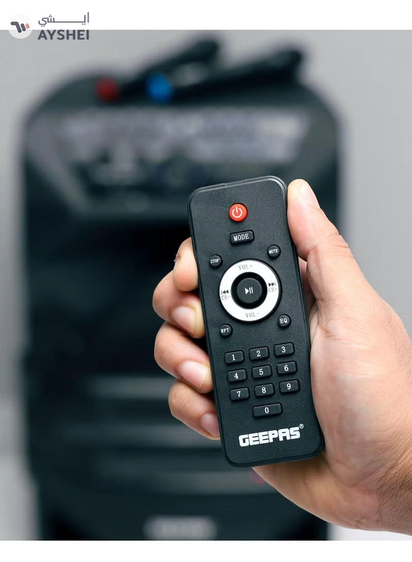 GEEPAS Rechargeable Professional Trolley Speaker 60000W PMPO With 15" Woofer, Two Wireless Microphones and a Remote Control, Bluetooth, TWS Function and FM Radio, Recording Function, LED Display