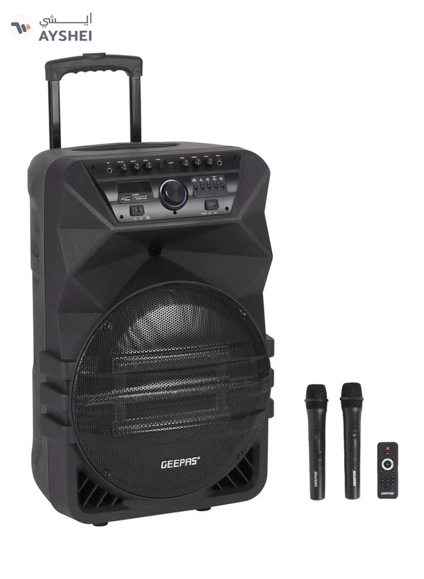GEEPAS Rechargeable Professional Trolley Speaker 60000W PMPO With 15" Woofer, Two Wireless Microphones and a Remote Control, Bluetooth, TWS Function and FM Radio, Recording Function, LED Display