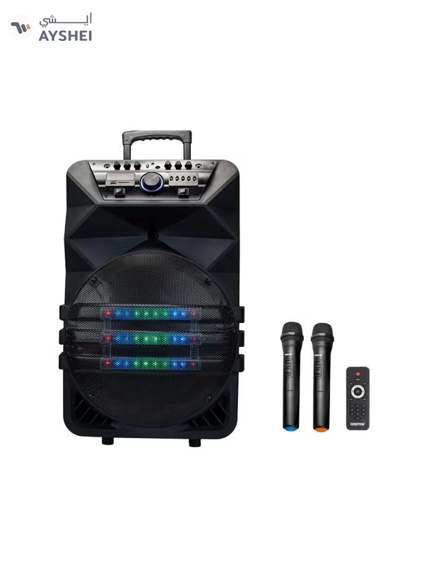 GEEPAS Rechargeable Professional Trolley Speaker 60000W PMPO With 15" Woofer, Two Wireless Microphones and a Remote Control, Bluetooth, TWS Function and FM Radio, Recording Function, LED Display