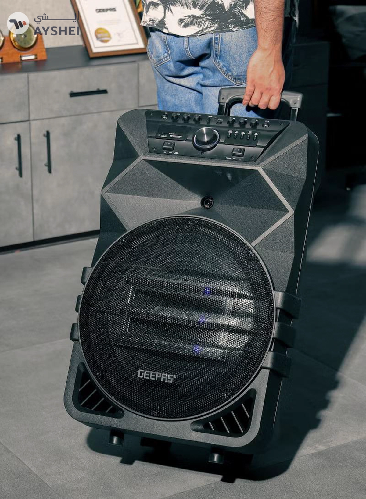 GEEPAS Rechargeable Professional Trolley Speaker 60000W PMPO With 15" Woofer, Two Wireless Microphones and a Remote Control, Bluetooth, TWS Function and FM Radio, Recording Function, LED Display-8-8