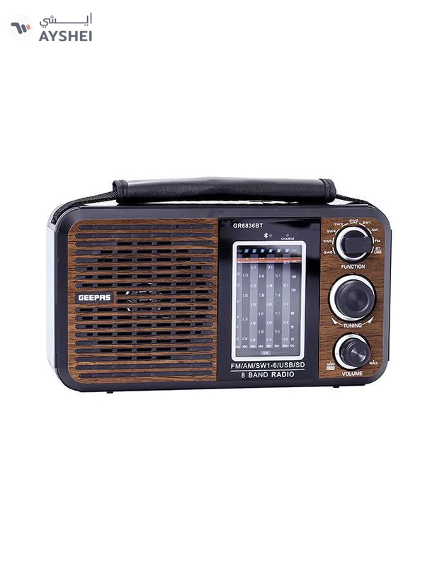 GEEPAS Rechargeable FM Radio, Large Capacity Battery, Perfectly Portable, Lightweight, Retro Style FM Radio, Strong And Stylish, Perfect Sound Quality, Multi Band GR6836BT Brown/Black