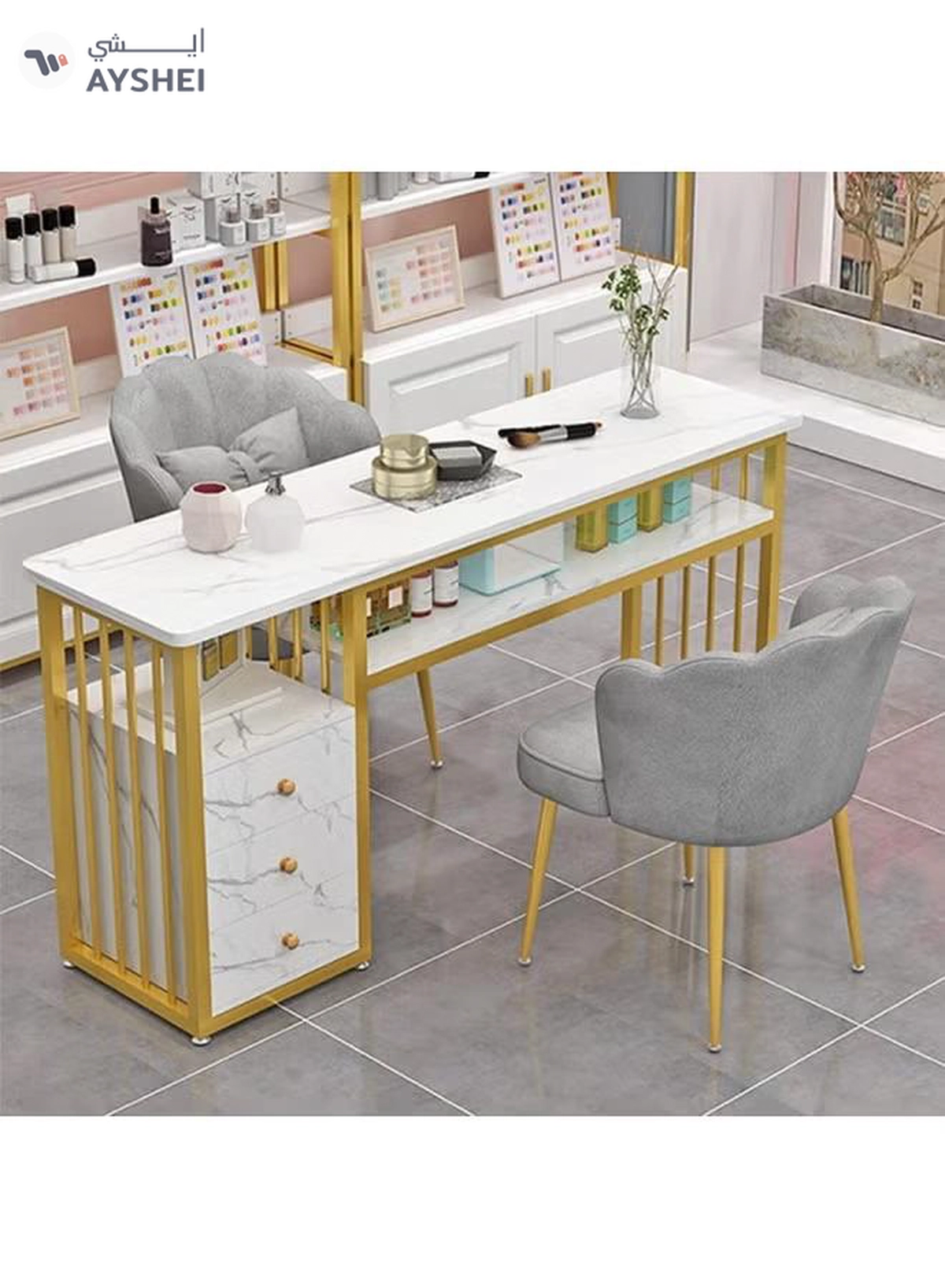 DubaiGallery Manicure Table Nail Desk for Nail Art, Marbling Texture Nail Table Beauty Spa Salon Station, Nail Makeup Supplies Decor Workstation Acetone Resistant w/Handrest, Drawers 2-Tier Desktop-1-1