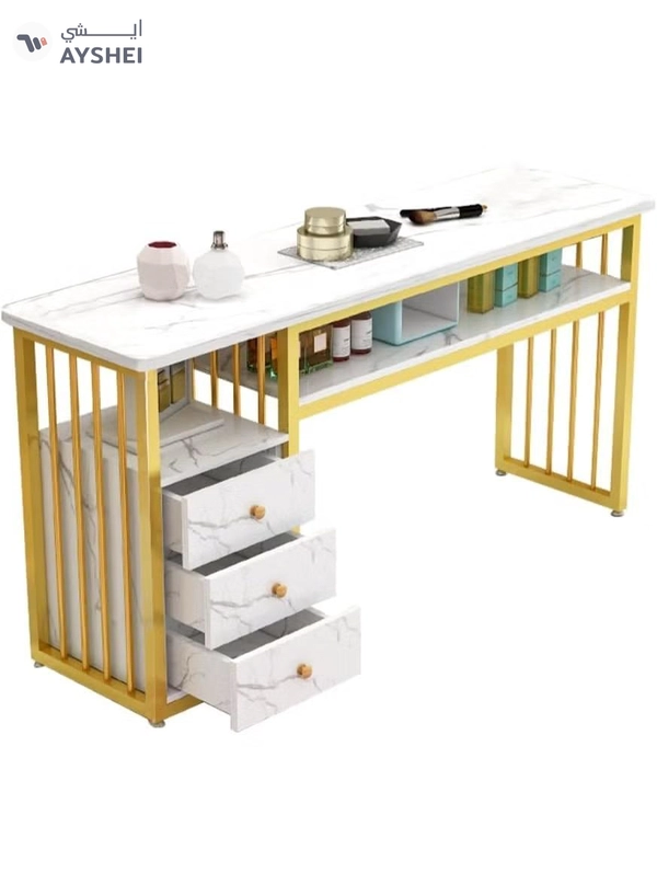 DubaiGallery Manicure Table Nail Desk for Nail Art, Marbling Texture Nail Table Beauty Spa Salon Station, Nail Makeup Supplies Decor Workstation Acetone Resistant w/Handrest, Drawers 2-Tier Desktop